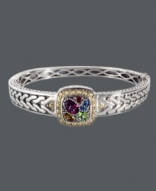 A color palette of perfection. Balissima by Effy Collection's multistone bangle features a myriad of color with amethyst (3/4 ct. t.w.), blue topaz (1/3 ct. t.w.), citrine (1/5 ct. t.w.), peridot (1/3 ct. t.w.) and garnet accents. Set in sterling silver with 18k gold accents. Approximate width: 5/8 inch. Approximate diameter: 2-1/2 inches. A color palette of perfection. Balissima by Effy Collection's multistone bangle features a myriad of color with amethyst (3/4 ct. t.w.), blue topaz (1/3 ct. t.w.), citrine (1/5 ct. t.w.), peridot (1/3 ct. t.w.) and garnet accents. Set in sterling silver with 18k gold accents. Approximate width: 5/8 inch. Approximate diameter: 2-1/2 inches.