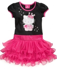 Pretty party style. A flowing sparkle tutu and crown Hello Kitty graphic means this Hello Kitty dress will stand out. Pretty party style. A flowing sparkle tutu and crown Hello Kitty graphic means this Hello Kitty dress will stand out.