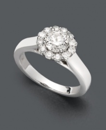 Breathtaking beauty. This stunning X3 engagement ring features a certified, round-cut diamond (1 ct. t.w.) encircled by a halo of diamond accents set in 18k white gold. Breathtaking beauty. This stunning X3 engagement ring features a certified, round-cut diamond (1 ct. t.w.) encircled by a halo of diamond accents set in 18k white gold.