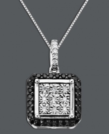 A contrasting style that's contemporary and chic. Round-cut black diamonds (1/8 ct. t.w.) and white diamond accents decorate the edges and center of this sophisticated square pendant. Crafted in sterling silver. Approximate length: 18 inches. Approximate drop: 3/4 inch. A contrasting style that's contemporary and chic. Round-cut black diamonds (1/8 ct. t.w.) and white diamond accents decorate the edges and center of this sophisticated square pendant. Crafted in sterling silver. Approximate length: 18 inches. Approximate drop: 3/4 inch.