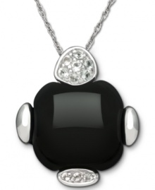 Bold in black. This pretty pendant features a round-edge square onyx gemstone (15 ct. t.w.) topped with sparkling white topaz (1/8 ct. t.w.). Setting and chain crafted in sterling silver. Approximate length: 18 inches. Approximate drop: 3/4 inch. Bold in black. This pretty pendant features a round-edge square onyx gemstone (15 ct. t.w.) topped with sparkling white topaz (1/8 ct. t.w.). Setting and chain crafted in sterling silver. Approximate length: 18 inches. Approximate drop: 3/4 inch.