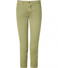 Stylish pants in fine, pure olive green cotton - Classic slim chino cut crops at ankles - Medium rise, with belt loops and button closure - Slash pockets at sides, flattering welt pockets at rear - Relaxed and casually cool, a fresh alternative to jeans - Pair with a tunic top and sandals, or a cardigan, t-shirt and ballet flats