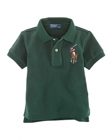 A classic polo shirt is updated with a multicolored Big Pony for preppy style. A classic polo shirt is updated with a multicolored Big Pony for preppy style.