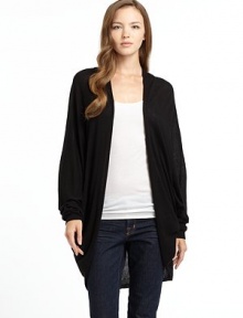 THE LOOKOpen frontLong dolman sleevesCircle hem THE FITAbout 37 from shoulder to hemTHE MATERIAL60% viscose/40% cottonCARE & ORIGINHand washImportedModel shown is 5'9½ (176cm) wearing US size Small. THE LOOKOpen frontLong dolman sleevesCircle hem THE FITAbout 37 from shoulder to hemTHE MATERIAL60% viscose/40% cottonCARE & ORIGINHand washImportedModel shown is 5'9½ (176cm) wearing US size Small.