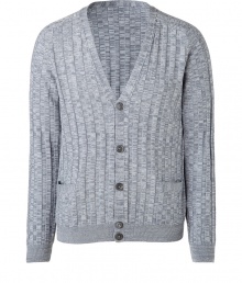 Stylish cardigan in fine grey merino wool - Chic ribbed knit has an elegant textured optical effect - Deep V-neck with button placket - Slimmer silhouette cuts close to the body - Two pockets, contrast trim at hem and cuffs - A versatile staple easily dressed up or down - Layer over t-shirts and button downs and pair with light wool trousers or cords