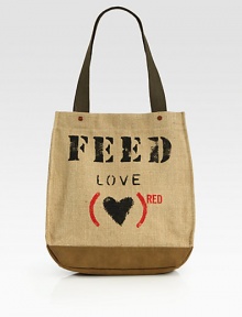 This beautiful natural burlap bag was made in partnership with (RED). Each roomy carryall will provide approximately 30 days of ARV treatment through the Global Fund and 30 nutritious school meals. Double top handles, 10 dropOpen topOne outside open pocketOne inside open pocketFully lined in organic cotton and natural burlap13½W X 15½H X 4¾DImported This beautiful natural burlap bag was made in partnership with (RED). Each roomy carryall will provide approximately 30 days of ARV treatment through the Global Fund and 30 nutritious school meals. Double top handles, 10 dropOpen topOne outside open pocketOne inside open pocketFully lined in organic cotton and natural burlap13½W X 15½H X 4¾DImported