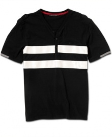 Let contrast make a comeback in your wardrobe with the sleek textured stripes of this shirt from Sean John. Let contrast make a comeback in your wardrobe with the sleek textured stripes of this shirt from Sean John.