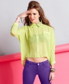 Shocking hue gives this sheer, high-low blouse from Say What? major color power!