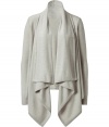 Luxurious cardigan in fine pearl grey cashmere - Extra soft, delicate quality - New softly falling silhouette - Slightly longer front with a shawl collar and handkerchief hem - Fashionable slim sleeves - A slightly voluminous and wonderfully comfortable cut - A modern classic, always ready - As a fashion accent in the office with slim dresses, a top and pencil skirt and also with jeans and a T-shirt