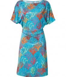 Add a vibrant pop to your day look with this breezy printed dress from Issa - Bateau neck, short kimono sleeves, waistband, A-line skirt, all-over underwater print - Style with embellished ballet flats and a statement bag