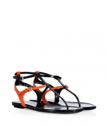 With their cool colorblocking and graphic look, Ralph Lauren Collections two-tone leather sandals are a sleek take on warm weather sophistication - Thong strap, double buckled ankle straps - Flat - Wear with crisp tailored dresses and a splash of colorful accessories With their cool colorblocking and graphic look, Ralph Lauren Collections two-tone leather sandals are a sleek take on warm weather sophistication - Thong strap, double buckled ankle straps - Flat - Wear with crisp tailored dresses and a splash of colorful accessories
