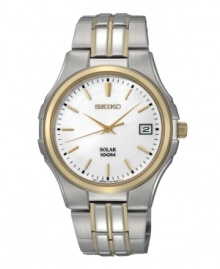 Soak up some rays while on the move with this innovative solar-powered watch from Seiko. Sleek gold-tone stainless steel bracelet and round case with gold-tone bezel. White dial features applied gold-tone stick indices at markers, minute track, date window at three o'clock, three hands and logo at twelve o'clock. Solar-powered quartz movement. Water resistant to 100 meters. Three-year limited warranty. Soak up some rays while on the move with this innovative solar-powered watch from Seiko. Sleek gold-tone stainless steel bracelet and round case with gold-tone bezel. White dial features applied gold-tone stick indices at markers, minute track, date window at three o'clock, three hands and logo at twelve o'clock. Solar-powered quartz movement. Water resistant to 100 meters. Three-year limited warranty.