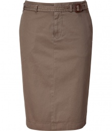 Classic khakis just got stylish with this flattering pencil skirt - Casual chino look in olive-colored cotton - Features fly, side slit pockets, back pockets with buttons, back vent and belt with side buckle - Knee length - Perfect for the office when dressed up with a blouse or cashmere top Classic khakis just got stylish with this flattering pencil skirt - Casual chino look in olive-colored cotton - Features fly, side slit pockets, back pockets with buttons, back vent and belt with side buckle - Knee length - Perfect for the office when dressed up with a blouse or cashmere top