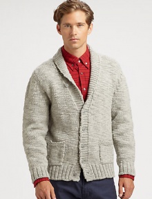 Shawl collar cardigan shaped in a textured, wool knit for a cozy fit.Button-frontShawl collar< Waist patch pocketsWoolDry cleanImported