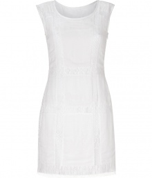 Elegant sheath dress in fine, pure white viscose - Sleeveless style with slim, embroidered lace panels and hem - Round neck, zips at side - Fitted silhouette tapers gently at waist, hits above knee - Sweet and stylish, easily dressed up or down - Pair with peep toe pumps and a clutch or go for a more casual look with flat sandals and a raffia tote Elegant sheath dress in fine, pure white viscose - Sleeveless style with slim, embroidered lace panels and hem - Round neck, zips at side - Fitted silhouette tapers gently at waist, hits above knee - Sweet and stylish, easily dressed up or down - Pair with peep toe pumps and a clutch or go for a more casual look with flat sandals and a raffia tote