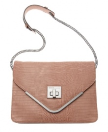 This stunning design is sure to capture the heart of any true uptown girl. A timeless envelope silhouette is accented with subtle python print, silvertone hardware and a chic chain embellished strap. This stunning design is sure to capture the heart of any true uptown girl. A timeless envelope silhouette is accented with subtle python print, silvertone hardware and a chic chain embellished strap.