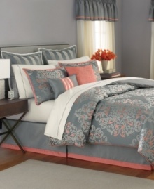 Make a grand statement. Complement your Grand Damask comforter set from Martha Stewart Collection with this window treatment set, featuring sheer panels and solid gray valances with a stripe embellishment. Make a grand statement. Complement your Grand Damask comforter set from Martha Stewart Collection with this window treatment set, featuring sheer panels and solid gray valances with a stripe embellishment.