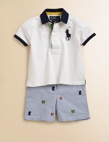 A preppy short sleeved rugby and oxford shorts with allover athletic embroidery are paired to make the perfect preppy set. Shirt Contrast twill collarShort sleeves with contrast trim at the hemFront buttonDiamond-quilted front and back yokeDouble back vents Shorts Front button closureZip flyBelted waistband with elastic back and matching double D-ring beltSide on-seam pocketsButton-through back welt pocketCottonMachine washImported A preppy short sleeved rugby and oxford shorts with allover athletic embroidery are paired to make the perfect preppy set. Shirt Contrast twill collarShort sleeves with contrast trim at the hemFront buttonDiamond-quilted front and back yokeDouble back vents Shorts Front button closureZip flyBelted waistband with elastic back and matching double D-ring beltSide on-seam pocketsButton-through back welt pocketCottonMachine washImported