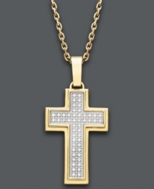 The perfect way to express your faith. This stylish men's cross pendant is decorated by double rows of round-cut diamonds (1/4 ct. t.w.). Setting and chain crafted in gold ion-plated stainless steel. Approximate length: 22 inches. Approximate drop: 1-1/2 inches. The perfect way to express your faith. This stylish men's cross pendant is decorated by double rows of round-cut diamonds (1/4 ct. t.w.). Setting and chain crafted in gold ion-plated stainless steel. Approximate length: 22 inches. Approximate drop: 1-1/2 inches.