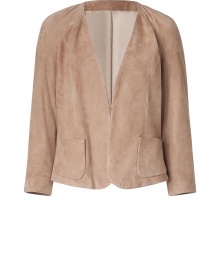 Luxe leather jacket in fine beige suede - new, feminine silhouette with gathered shoulders and deep V- lapels - long sleeves, two pockets - elegant, trendy, simply stylish - terrific alternative to the classic blazer - goes with an elegant skirt for the office as well as sexy skinny jeans Luxe leather jacket in fine beige suede - new, feminine silhouette with gathered shoulders and deep V- lapels - long sleeves, two pockets - elegant, trendy, simply stylish - terrific alternative to the classic blazer - goes with an elegant skirt for the office as well as sexy skinny jeans
