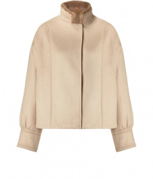 Luxurious jacket made from a fine, beige virgin wool blend - Exclusive couture cut, with dropped sleeves and wide cuffs - Small collar with classy, elegant mink lining - Slightly boxy and straight cut, short, to the hip - A dream of a jacket, as its sophisticated and tremendously elegant - A mega hit combination with a pencil skirt, wide flared trousers, a sheath dress