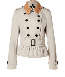 Iconic trench styling gets a lick of luxe embellishment in Burberry Londons cotton trench-style jacket, tailored to perfection with an impeccable short cut - Classic collar with amber-colored stone embellishment and hook closure, long sleeves with belted cuffs, epaulettes, gun flap, double-breasted button-down front, belted waist, rain shield, ruffled hemline - Form-fitting - Pair with edgy separates and contemporary leather boots