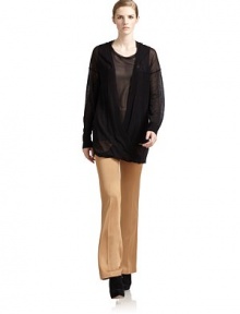 THE LOOKSemi-sheer knitDeep cross-front styleLong sleevesRib-knit cuffs, neckline and hemAttached chiffon tank top with rib-knit crewneckTHE FITAbout 27 from shoulder to hemTHE MATERIAL50% silk/50% alpacaTop: 96% silk/4% elastaneCARE & ORIGINDry cleanMade in ItalyModel shown is 5'10 (177cm) wearing US size Small. 