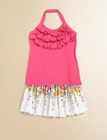 Cascading ruffles adorn this not-so-basic knit.Ruffled halterSleevelessElastic back95% cotton/5% spandexMachine washImported Cascading ruffles adorn this not-so-basic knit.Ruffled halterSleevelessElastic back95% cotton/5% spandexMachine washImported