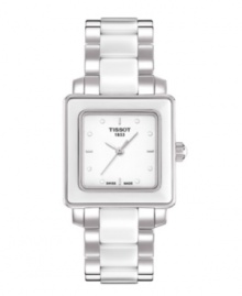 Glamorous and unique, this fine watch from Tissot blends artistry with geometry. Cera collection watch crafted of stainless steel and white ceramic bracelet and square case. White dial features silver tone applied stick indices, three hands and logo. Swiss quartz movement. Water resistant to 30 meters. Two-year limited warranty. Glamorous and unique, this fine watch from Tissot blends artistry with geometry. Cera collection watch crafted of stainless steel and white ceramic bracelet and square case. White dial features silver tone applied stick indices, three hands and logo. Swiss quartz movement. Water resistant to 30 meters. Two-year limited warranty.