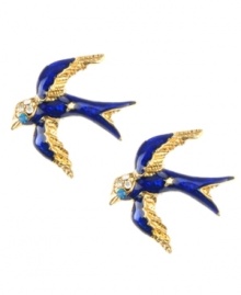 For the free-spirited fashionista. Betsey Johnson's high-flying style features bright blue enamel birds with sparkling crystal accents. Crafted in antique gold tone mixed metal. Approximate diameter: 3/4 inch.