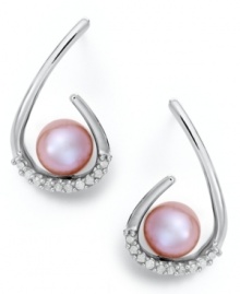 Sweeping elegance. J-shaped drops in sterling silver cradle pretty pink cultured freshwater pearls (8 mm) and sparkling, round-cut diamonds (1/6 ct. t.w.). Approximate drop: 7/8 inch. Sweeping elegance. J-shaped drops in sterling silver cradle pretty pink cultured freshwater pearls (8 mm) and sparkling, round-cut diamonds (1/6 ct. t.w.). Approximate drop: 7/8 inch.