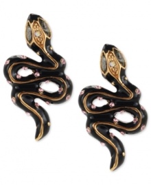 It's love at first bite. These stud earrings from Betsey Johnson are crafted from black gold-tone mixed metal with glass crystal accents adding a vibrant touch to the snake motif. Approximate drop: 1 inch. It's love at first bite. These stud earrings from Betsey Johnson are crafted from black gold-tone mixed metal with glass crystal accents adding a vibrant touch to the snake motif. Approximate drop: 1 inch.
