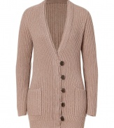 Cozy and exquisitely chic, Brunello Cucinellis ribbed cashmere cardigan guarantees a luxurious finish to casual daytime looks - Layered V-neckline, long sleeves, hooked button closures, patch pockets, back vent - Long, lean silhouette - Wear with fitted tops and slim-fit trousers