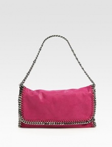 A sleek foldover silhouette of faux leather, finished with polished chain trim.Chain strap, 8¾ dropFlap snap closureOne inside open pocketFully lined11¾W X 7H X 2DMade in Italy A sleek foldover silhouette of faux leather, finished with polished chain trim.Chain strap, 8¾ dropFlap snap closureOne inside open pocketFully lined11¾W X 7H X 2DMade in Italy