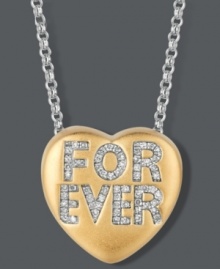 A gift that will last as long as your love. Give her this symbolic style, and she'll be forever yours. Sweethearts' stunning heart-shaped pendant features a 14k gold over sterling silver setting decorated by round-cut diamonds in a FOREVER design (1/6 ct. t.w.). Copyright © 2011 New England Confectionery Company. Approximate length: 16 inches + 2-inch extender. Approximate drop: 5/8 inch. A gift that will last as long as your love. Give her this symbolic style, and she'll be forever yours. Sweethearts' stunning heart-shaped pendant features a 14k gold over sterling silver setting decorated by round-cut diamonds in a FOREVER design (1/6 ct. t.w.). Copyright © 2011 New England Confectionery Company. Approximate length: 16 inches + 2-inch extender. Approximate drop: 5/8 inch.