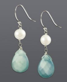 Polished to perfection. Sweet sea blue drops in chalcedony (13-3/4 ct. t.w.) combine with cultured freshwater pearls (5-5-1/2 mm) for a look of delicate sophistication. Crafted in sterling silver. Approximate drop: 1-1/2 inches.