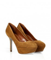 Luxurious pumps in fine, honey-colored suede - Elegant, sophisticated and stylish - Fashion with platform and delicate stiletto heel - Side widely fitted to lengthen the leg and create the appearance of a narrow foot  - The sturdy heel gives a firm hold - Looks great with business suits, jeans, leggings, and cocktail dresses