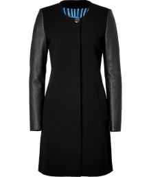 Elegant coat plays with texture for a sleek, modern look - Designed in synthetic fiber with lambskin sleeves - Features round neck, hidden button placket, side pockets and half-belt at back - Pair with elegant dresses and heels or slim jeans and ankle boots Elegant coat plays with texture for a sleek, modern look - Designed in synthetic fiber with lambskin sleeves - Features round neck, hidden button placket, side pockets and half-belt at back - Pair with elegant dresses and heels or slim jeans and ankle boots