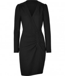 Work a sophisticated edge into you cocktail ready look with Paul & Joes sleek long sleeved wool-crepe sheath - Wrapped V-neckline, long sleeves, zippered cuffs, paneled shoulders, gathered front panel with button detail, front slit, hidden side zip - Tailored fit - Wear with sleek ankle boots and a brightly tinted handbag Work a sophisticated edge into you cocktail ready look with Paul & Joes sleek long sleeved wool-crepe sheath - Wrapped V-neckline, long sleeves, zippered cuffs, paneled shoulders, gathered front panel with button detail, front slit, hidden side zip - Tailored fit - Wear with sleek ankle boots and a brightly tinted handbag