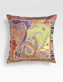 Kaleidoscopic swirls of paisley-style color on fine silk. Fringed edges18 squareSilk with polyfillDry cleanMade in Italy Kaleidoscopic swirls of paisley-style color on fine silk. Fringed edges18 squareSilk with polyfillDry cleanMade in Italy