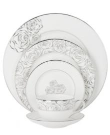 Luxe bone china blossoms into the gorgeous Sunday Rose place settings with Monique Lhuillier's designer touch. Modern dinnerware shapes edged in glistening platinum, luscious blooms and twinkling dots add chic elegance to special occasions. Luxe bone china blossoms into the gorgeous Sunday Rose place settings with Monique Lhuillier's designer touch. Modern dinnerware shapes edged in glistening platinum, luscious blooms and twinkling dots add chic elegance to special occasions.