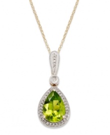 Pear-hued perfection. This stunning pendant features a pretty teardrop shape that shines with the addition of pear-cut peridot (1-7/8 ct. t.w.) edged with diamond accents. Set in 14k gold. Approximate length: 18 inches. Approximate drop: 5/8 inch. Pear-hued perfection. This stunning pendant features a pretty teardrop shape that shines with the addition of pear-cut peridot (1-7/8 ct. t.w.) edged with diamond accents. Set in 14k gold. Approximate length: 18 inches. Approximate drop: 5/8 inch.