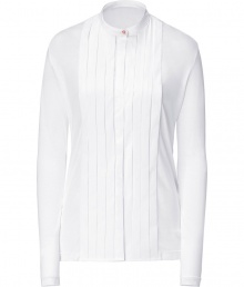 Elegant, feminine top made of fine, white viscose - Features a small collar, wide pleated front, and colored button on the collar - Pleasant waisted length, slim, fitted cut - Pair with slim pants or pencil skirt for a polished office look