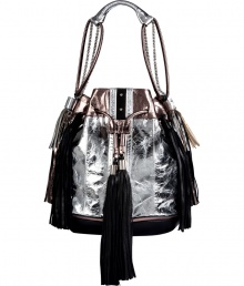 Set the style bar with Sara Battaglias statement drawstring hobo, detailed in ultra-modern metallic leather guaranteed to make an impact - Silver and pewter crinkle leather with black leather detailing, chain-link detailed shoulder strap, oversized tassels around drawstring, silver-toned hardware, studded front panel, green satin lining - Carry with edgy separates or as a sartorial finish to cocktail dresses Set the style bar with Sara Battaglias statement drawstring hobo, detailed in ultra-modern metallic leather guaranteed to make an impact - Silver and pewter crinkle leather with black leather detailing, chain-link detailed shoulder strap, oversized tassels around drawstring, silver-toned hardware, studded front panel, green satin lining - Carry with edgy separates or as a sartorial finish to cocktail dresses