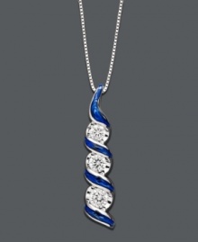 Add a sweep of sparkling style to your neckline. Sirena's beautiful three stone pendant features round-cut diamonds (1/4 ct. t.w.) set in 14k white gold with blue enamel accents. Approximate length: 18 inches. Approximate drop: 3/4 inch. Add a sweep of sparkling style to your neckline. Sirena's beautiful three stone pendant features round-cut diamonds (1/4 ct. t.w.) set in 14k white gold with blue enamel accents. Approximate length: 18 inches. Approximate drop: 3/4 inch.
