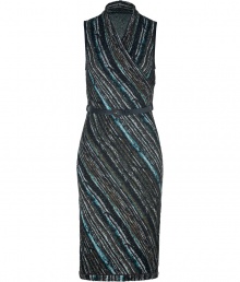 Elegant dress in fine rayon-wool blend - From the Italian luxury brand Missoni - Stylish in slate and aquamarine blue with glamorous Lurex detailing - The silhouette is slim and feminine, with a winding neckline, figure-flattering waist belt and pencil skirt - Favorite dress for business, finer daytime events, and dinner parties - Try with pumps or boots and a blazer or cardigan