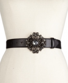 Make a unique statement with this vintage-inspired plaque belt from Style&co. Crafted of sleek faux-leather and topped with a scrolling metal buckle with luminous embellishments. Make a unique statement with this vintage-inspired plaque belt from Style&co. Crafted of sleek faux-leather and topped with a scrolling metal buckle with luminous embellishments.