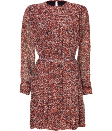 Bring instant chic to your office-to-evening look with this printed silk frock from Raoul - Round neck, long sleeves with gathering at cuffs, pleating at bodice, adjustable waist belt, pleated skirt, back keyhole opening with button, all-over print - Pair with a cashmere cardigan and wedge heels