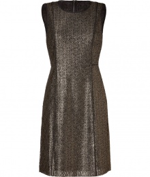 Shimmer into cocktail hour elegance in DKNYs antique gold lace sheath, detailed with black trimmed structural seaming for a flawless feminine fit - Round neckline, sleeveless, metal back zip - Tailored fit - Wear with a cashmere cardigan and sleek platform peep-toes