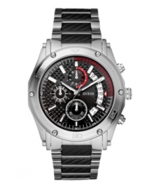 Heavy duty details mean business on this chronograph watch by GUESS. Heavy duty details mean business on this chronograph watch by GUESS.